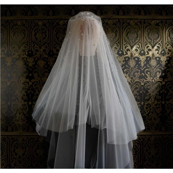 New Pearl 2 Layer Bridal Veil Hijab Scarf Hair Cover Wedding Bridal Ivory Beaded - Picture 5 of 5